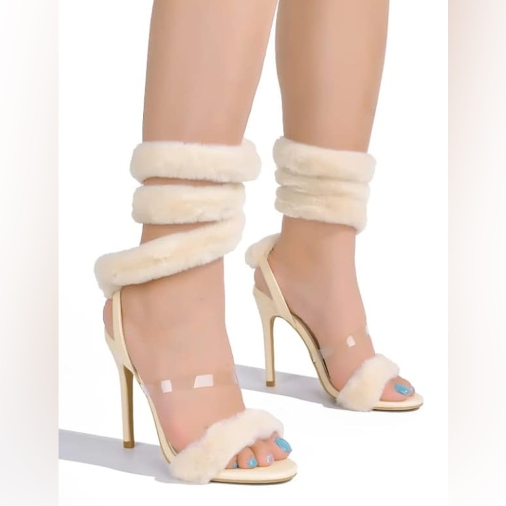 Cream Faux Fur Strappy Open Toe Heels size 7